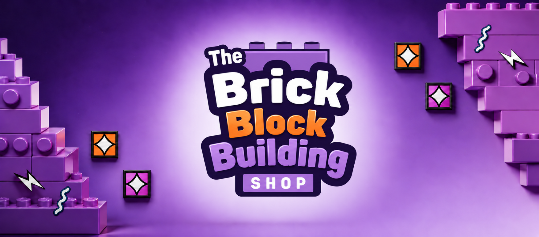 The Brick Block Building Shop logo and colorful brick backdrop